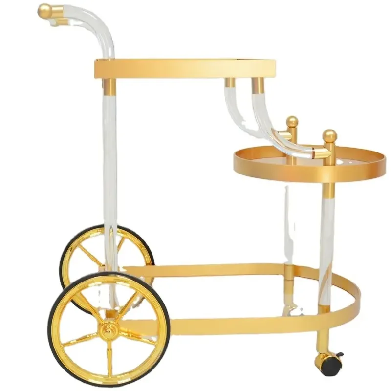 Deluxe Three Layer Acrylic Room Service Cart Five Star Hotel Golden Rolling Multi Functional Trolley