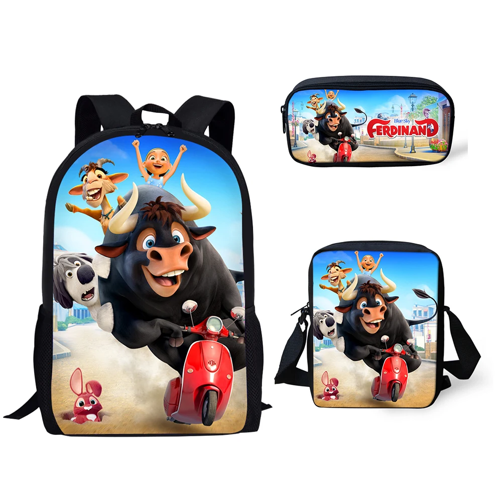 Hip Hop Juventude Ferdinand 3D Impressão Mochila, Sacos de Viagem Estudante, Mochila Laptop, Bolsa de Ombro, Lápis, 3 peças por conjunto