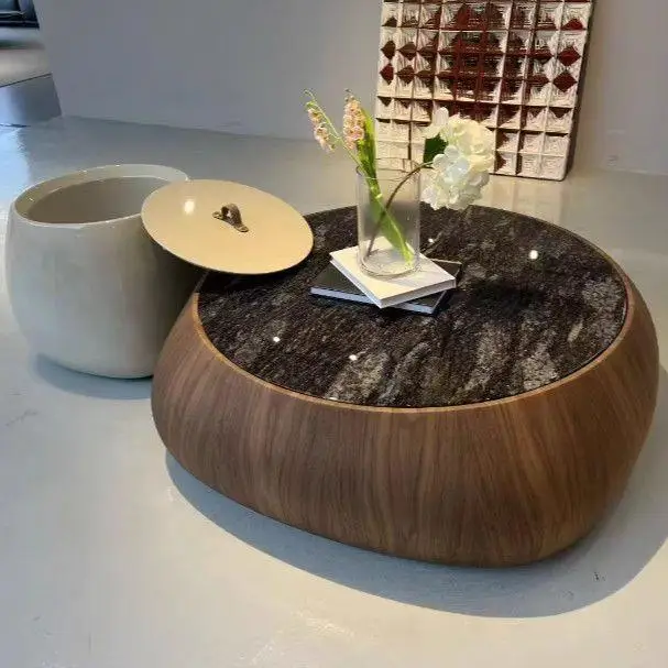 Round rock slab solid wood art coffee table Italian minimalist high-end medieval style homestay living room coffee table