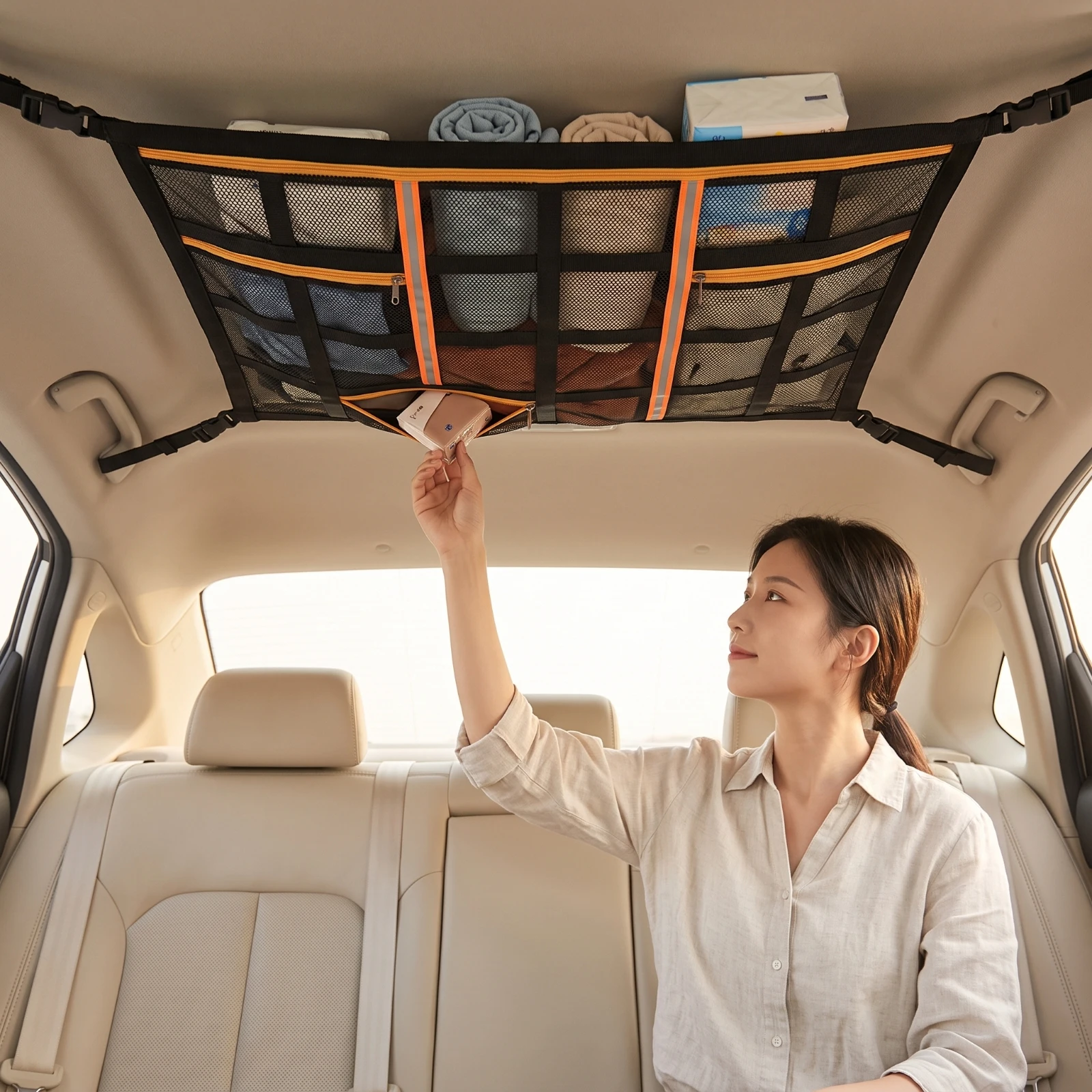 Car Ceiling Cargo Net Adjustable Car Roof Storage Net Overhead Mesh Organizer Rectangular Long-Lasting for Travelers, Road Trips