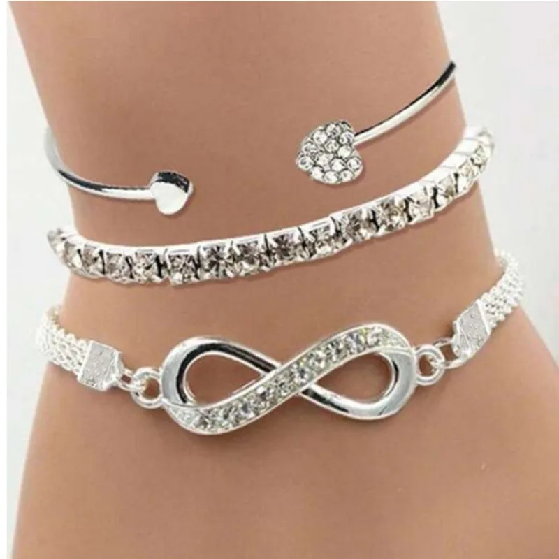 

Vintage Set Silver Color Crystal Rhinestone Heart Bracelets for Women Fashion Geometric Adjustable Infinity Cuff Bangle Jewelry