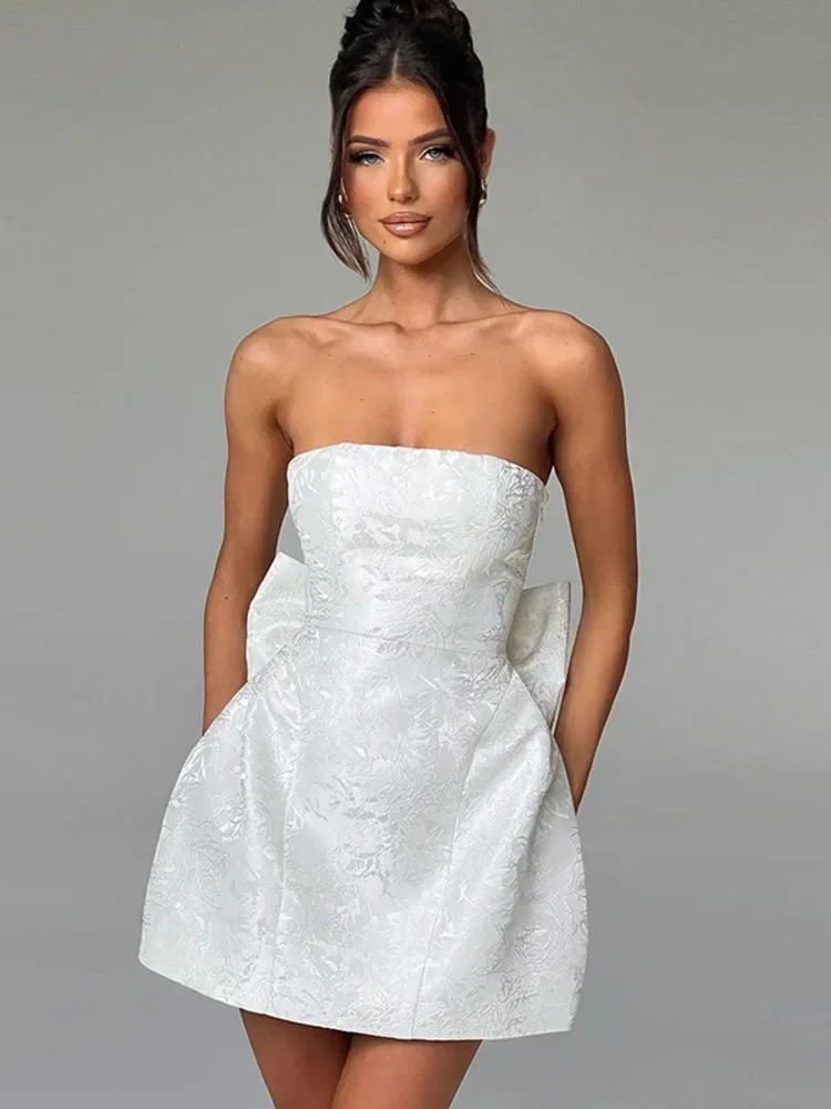 فستان قصير مثير بفيونكة بدون ظهر جديد للنساء، فستان أنيق للحفلات والنوادي بدون أكتاف بدون حمالات بدون أكمام #4