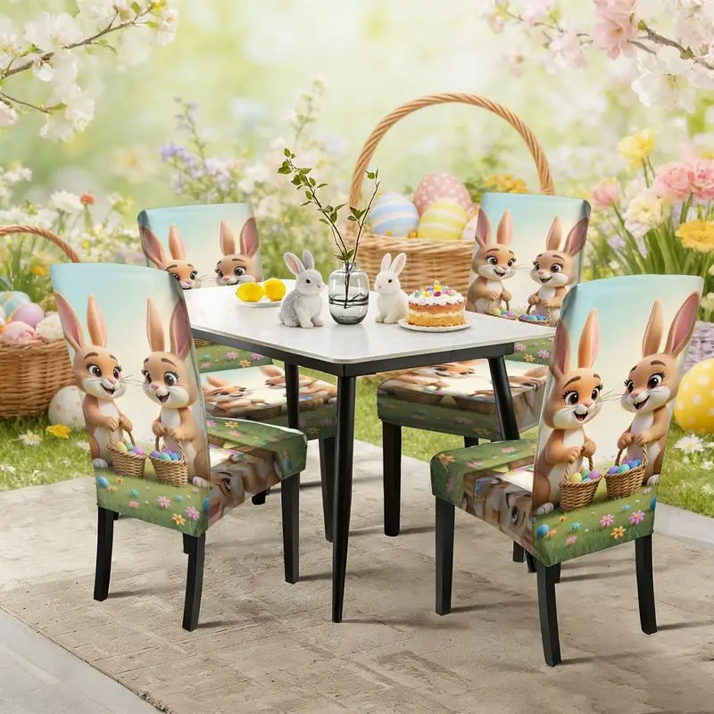 Easter 2D flat print dining chair cover set Two cartoon brown rabbits holding Easter eggs sitting on the grass pattern,