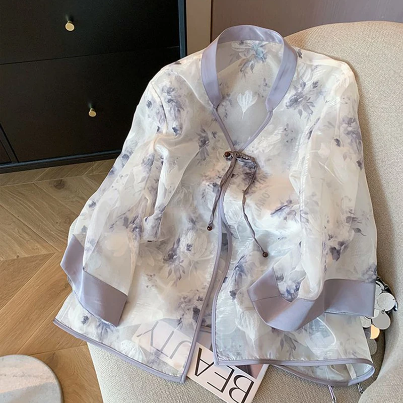 Chinese Style Violet Print Shirt Buckle Blouse Women\'s Clothing Spring Summer Gentle Temperament Loose Sunscreen Cardigan