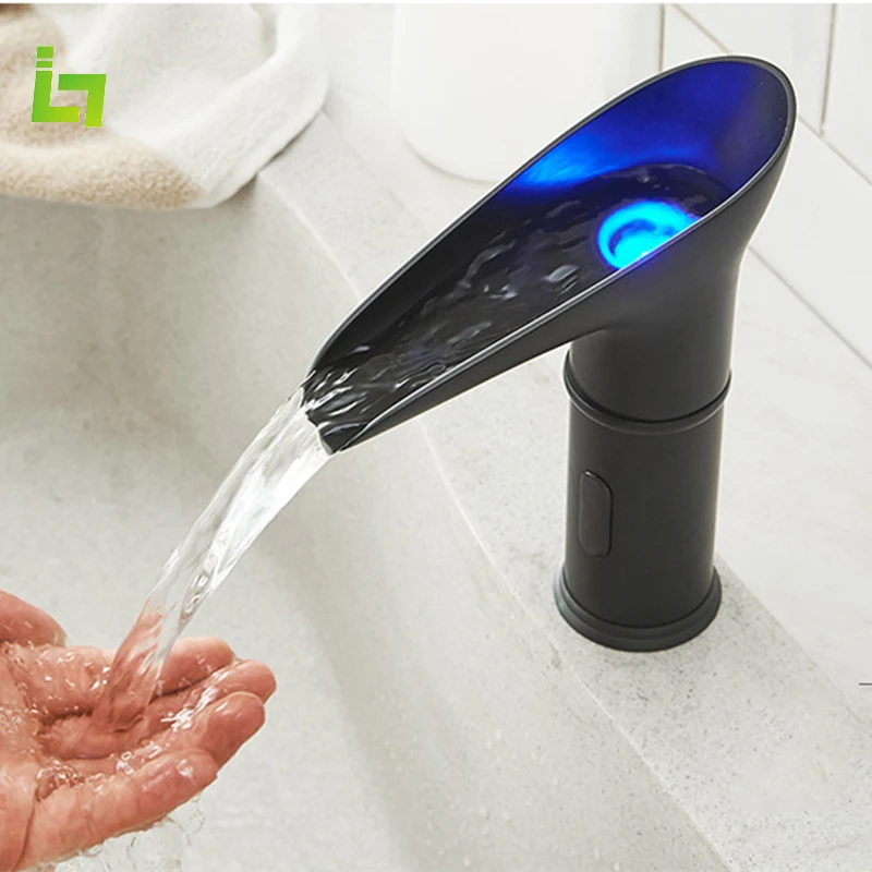 

Lism Matte Black Led Sensor Bathroom Faucet Cold and Hot Deck Mounted Tap Short and Tall Sink Mixer