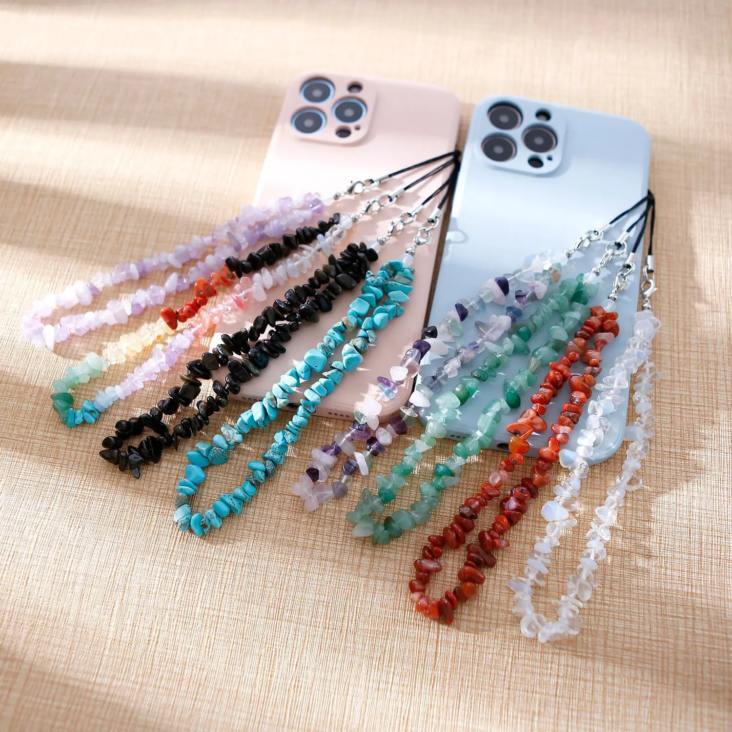 Universal Stone Mobile Phone Lanyard for Girls Bohemian Portable Phone Chain Ins Style Natural Crystal Hand Rope Wrist Pendant