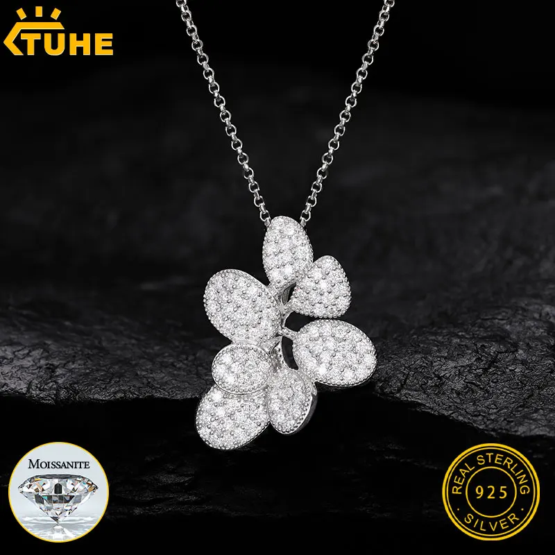 TUHE Unisex S925 Flower Pendant Necklace Iced Out Moissanite Silver Color Charm For Woman Hip Hop Jewelry