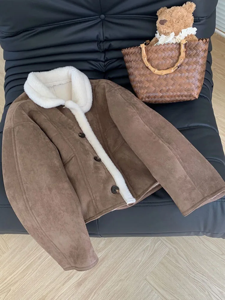 ZADORIN Vintage Korean Chic Double Faced Suede Lamb Faux Fur Coat Woman Oversized Warm Fluffy Brown Fur Jacket Winter Fur Coats