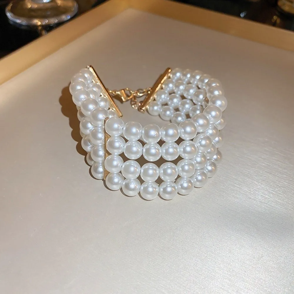 Ornaments Pearl Four Layer Necklace Fashion Jewelry Side-by-side Pearl Collarbone Chain Kit Light Luxury White Bracelets Set