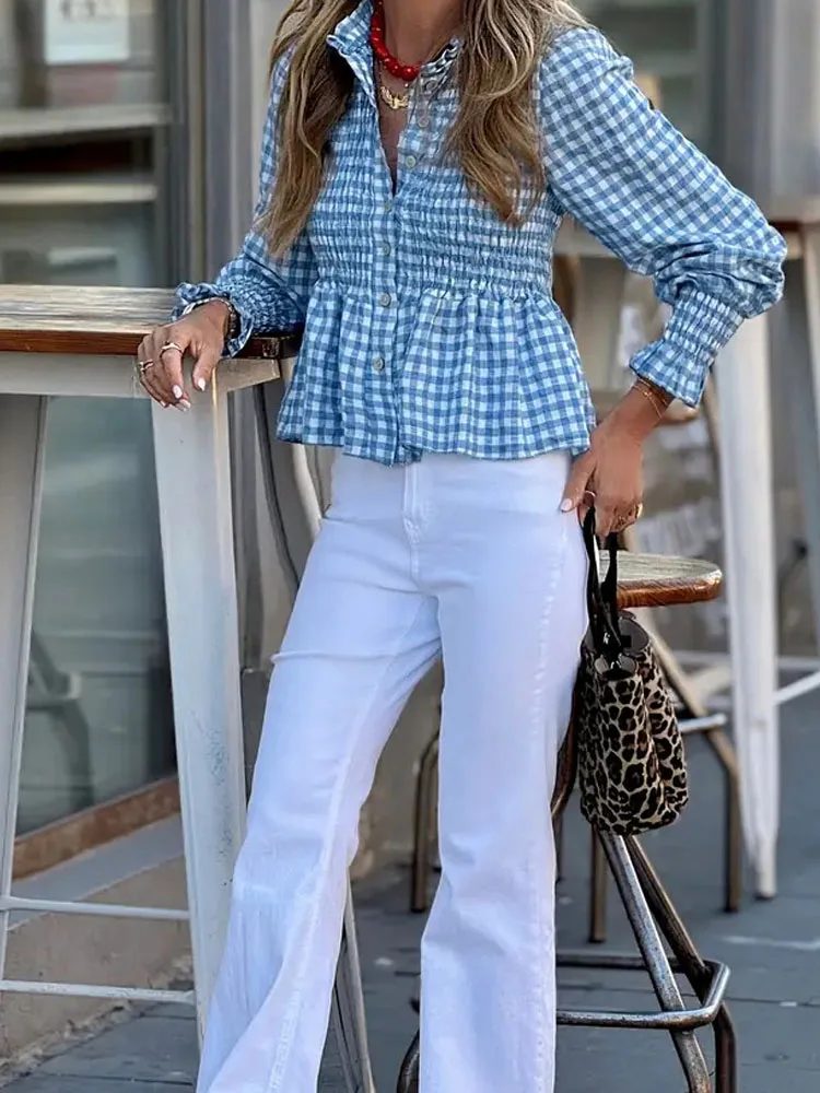 

Women Fashion Plaid Print Commuting Shirt Elegant Stand Collar Puffed Sleeve Autumn Blouse Lady Casual Single breasted Slim Tops