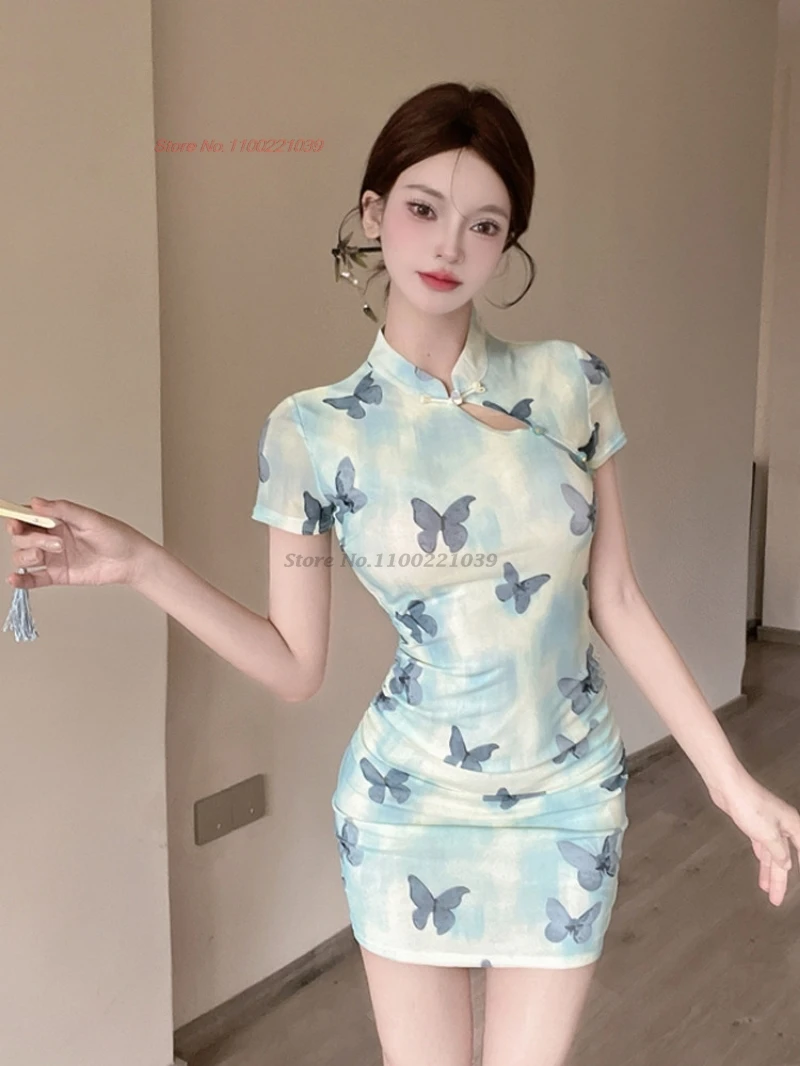 

2026 Китайское сексуальное ретро-ципао с принтом бабочек, без рукавов, вечернее платье для вечеринок, традиционное платье ципао для ночных клубов и банкетов.