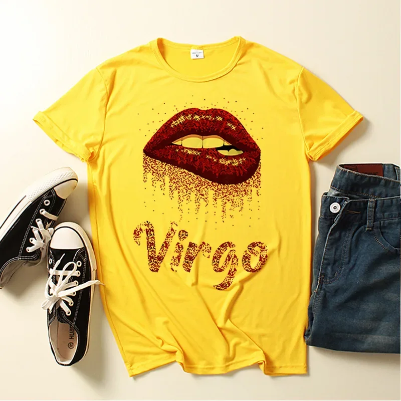 Women T Shirt Virgo Blazing Red Lips Print Short Sleeve Tee O Neck Loose Women T-shirt Ladies Shirt Camisetas Mujer Tops