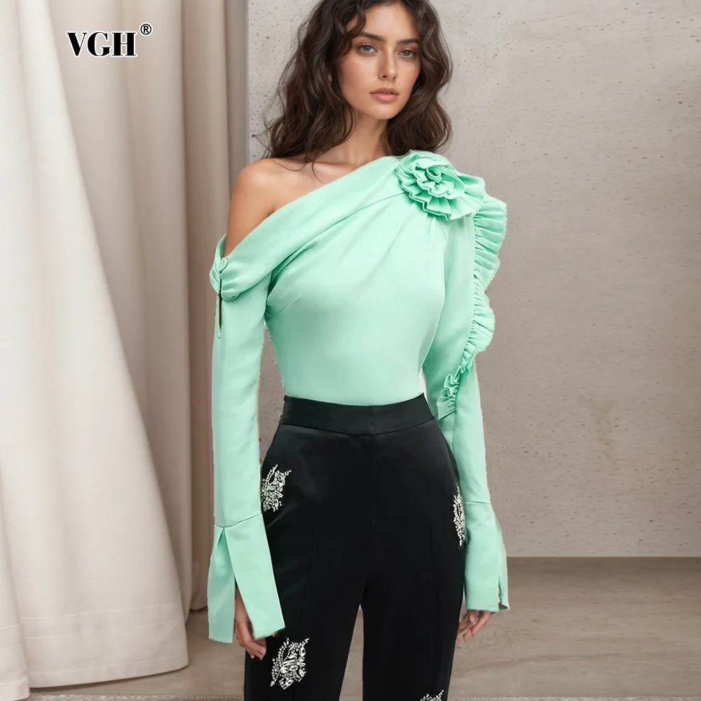 

VGH Casual Irregular Shirts For Women Diagonal Collar Long Sleeve Off Shoulder Patchwork Appliques Soild Loose Shirt Female New
