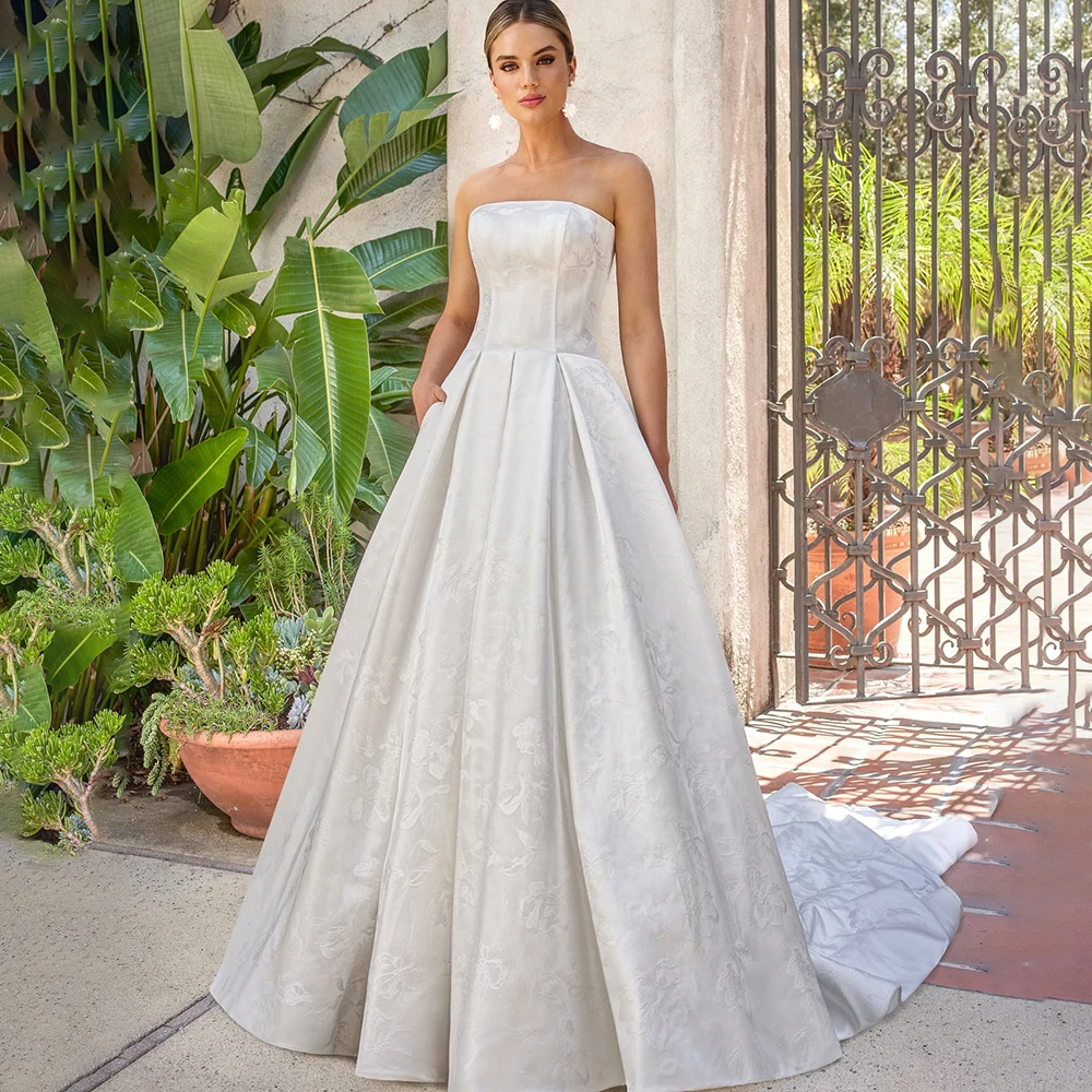 

Satin A-Line Newest Wedding Gown Off White Strapless Wedding Dresses For Women Long Train Evening Dress Bride vestidos de novia