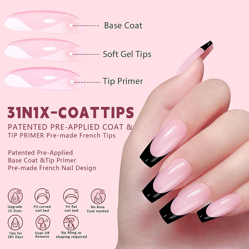 150Pcs Pink French Ballet Nails Press Ons  Black Full Cover Reusable Seamless Tips Extension Oval Capsule Almond DIY Nail Arts