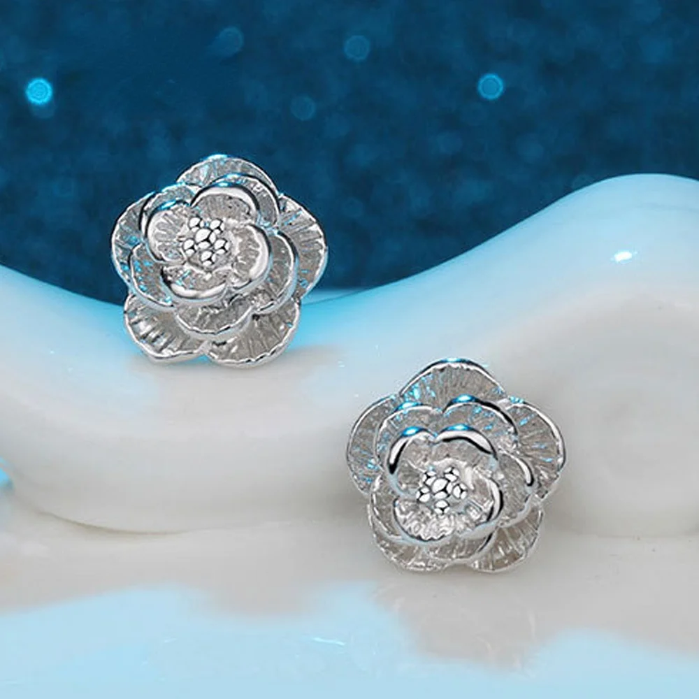 Hot 925 Sterling Silver Pretty rose Flower stud Earrings for Women Fashion classic party wedding Jewelry Holiday gifts