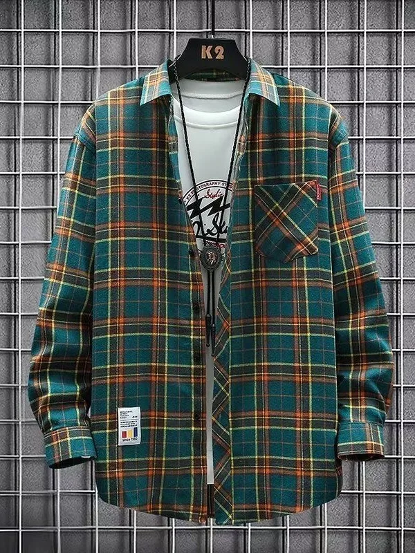 

Pure Cotton Long Sleeve Casual Shirt Collared Men's Spring Autumn Seasonal Checkered Top Youth Fashion Standard Fit Print Design