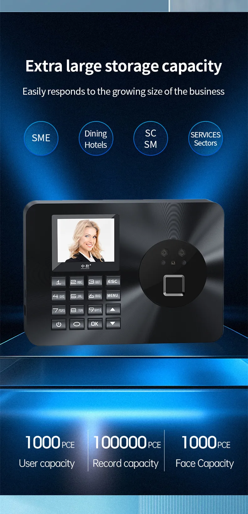 Registratore biometrico dell'orologio con riconoscimento facciale/impronta digitale/password da 2,4" TFT LCD DC 5V/1A