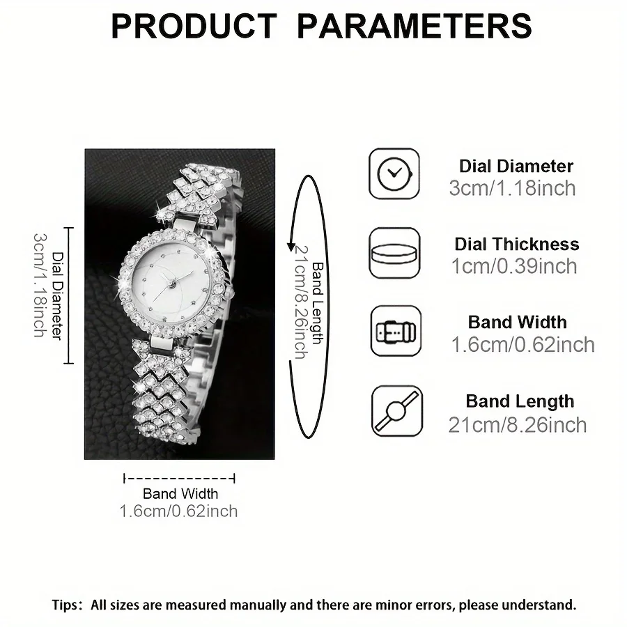 ساعة كوارتز نسائية بمؤشر مستدير ، حجر الراين اللامع ، ساعة معصم تناظرية ، طقم مجوهرات ، هدية لأمي ، لها ، 6 أو