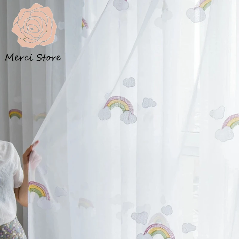 

Korean Style White Cloud Rainbow Embroidered Sheer Curtains for Bedroom Living Room Voile Panels Window Drapes Light Filtering