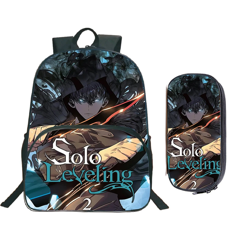 2PC-SET Solo Leveling Schoolbag with Front Pocket Pencil Bags Student Solo Leveling Backpack Boys Girls Anime School Bag Mochila