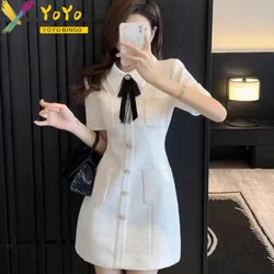 Formal White Knitted Bow Short Sleeve Pocket Flip Neck Dress 2024 New Fashion Elegant Slim Bodycon Office Sweater Dress