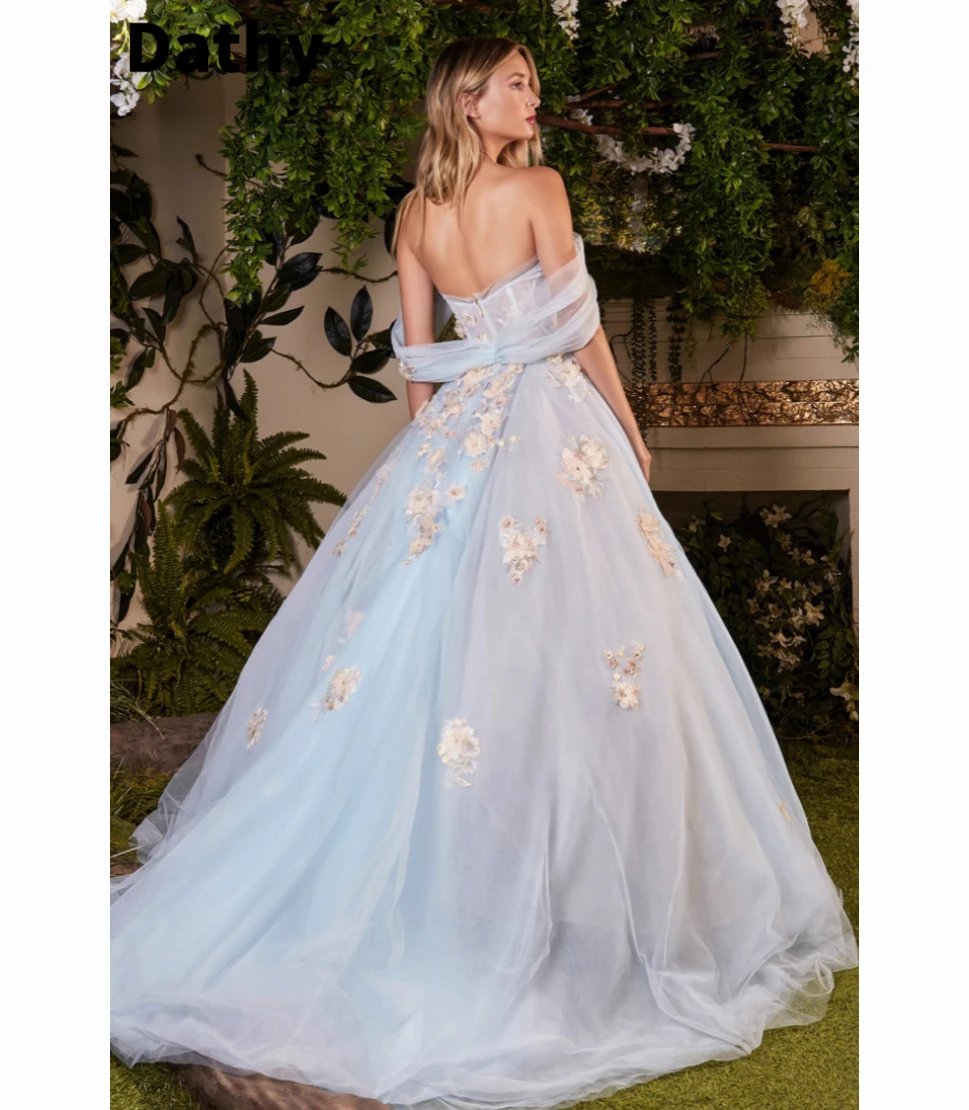 Dathy Blue Tulle Off The Shoulder Dress 3D Appliqué Sweetheart Party High Waist Puffy Skirt Evening Dressفستان سهرة نسائي