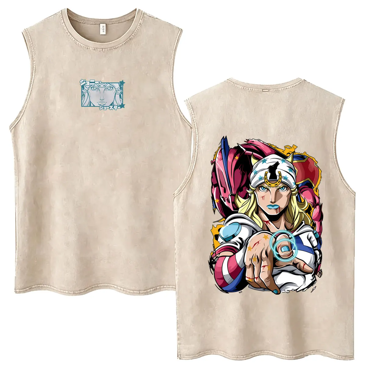Anime Jojo Bizarre Adventure Steel Ball Run Washed Vintage Tank Tops Gyro Zeppeli Sleeveless Vest Men's Women's Fashion T-shirts view 5