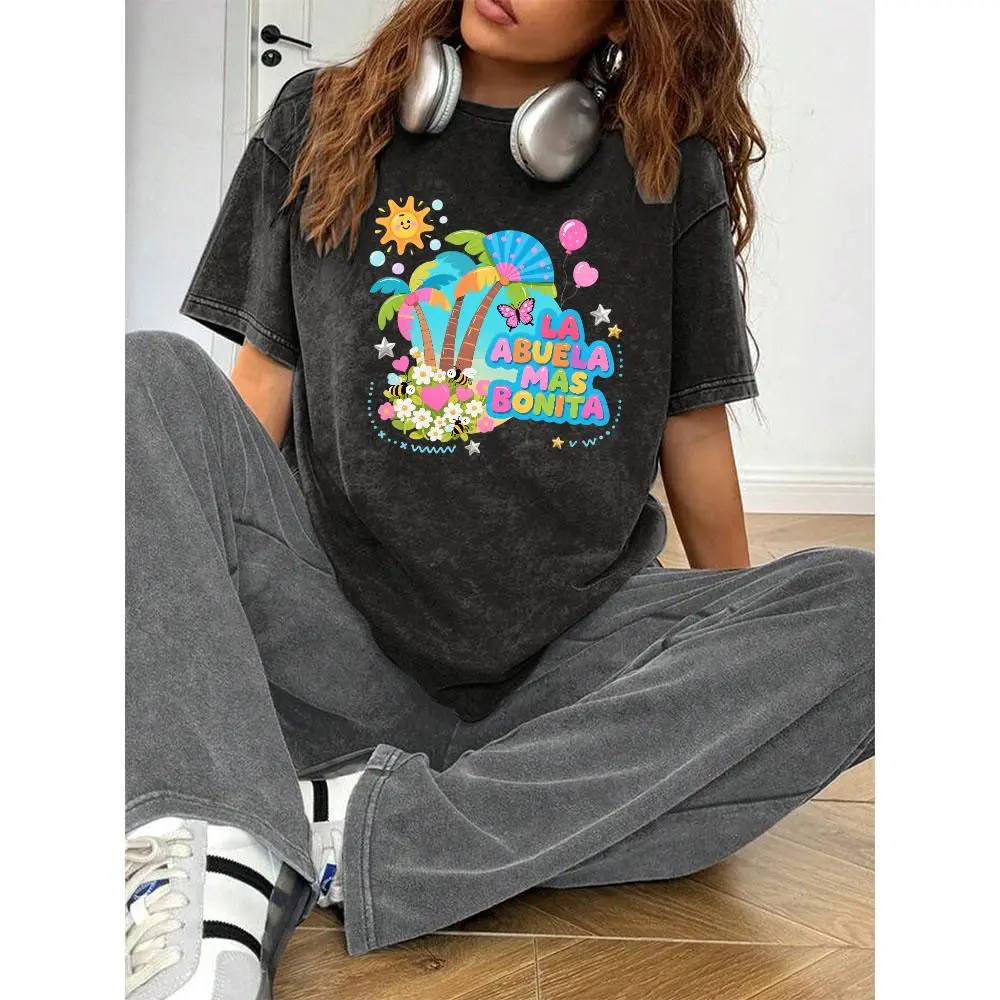

Women Washed Oversized Abuela T-Shirt La Abuela Mas Bonita Graphic Tee Spanish Grandma Tropical Print Birthday Gift Top