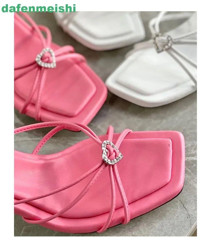 Heart-Shaped Crystal Square-Toe Sandals 2025 New Summer Open-Toe Stiletto Heels Thin Straps Slip On Slippers White/pink Sandals