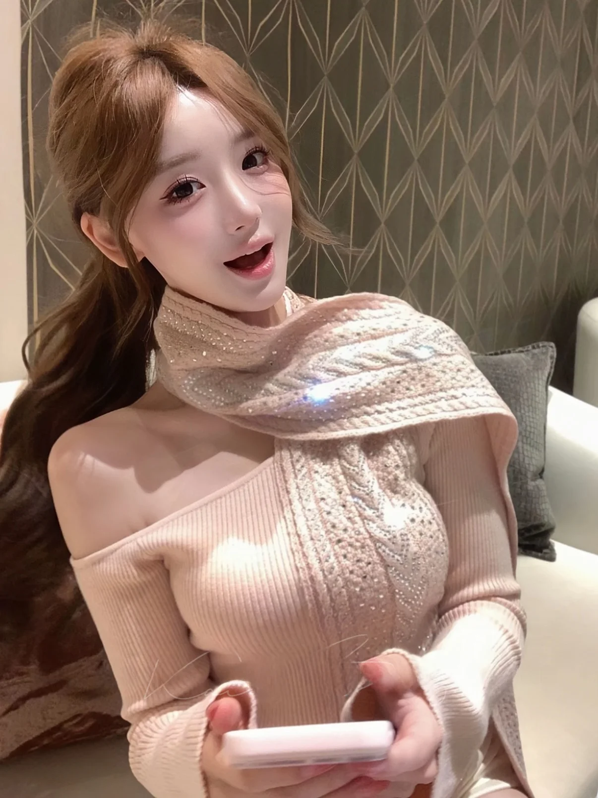 

Mnn Starlight Sequin Design Long Sleeve Knitted Scarf Neckline Shoulder Bared Slim Fit Pure Desire Women's Top Fashionable Ca...