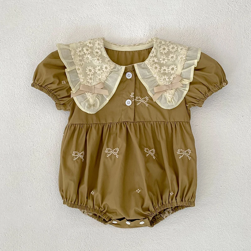 طفلة ملابس الصيف الوليد رومبير المطرزة القوس التلبيب طفلة قطعة واحدة الملابس تسلق الملابس الوليد الملابس #3