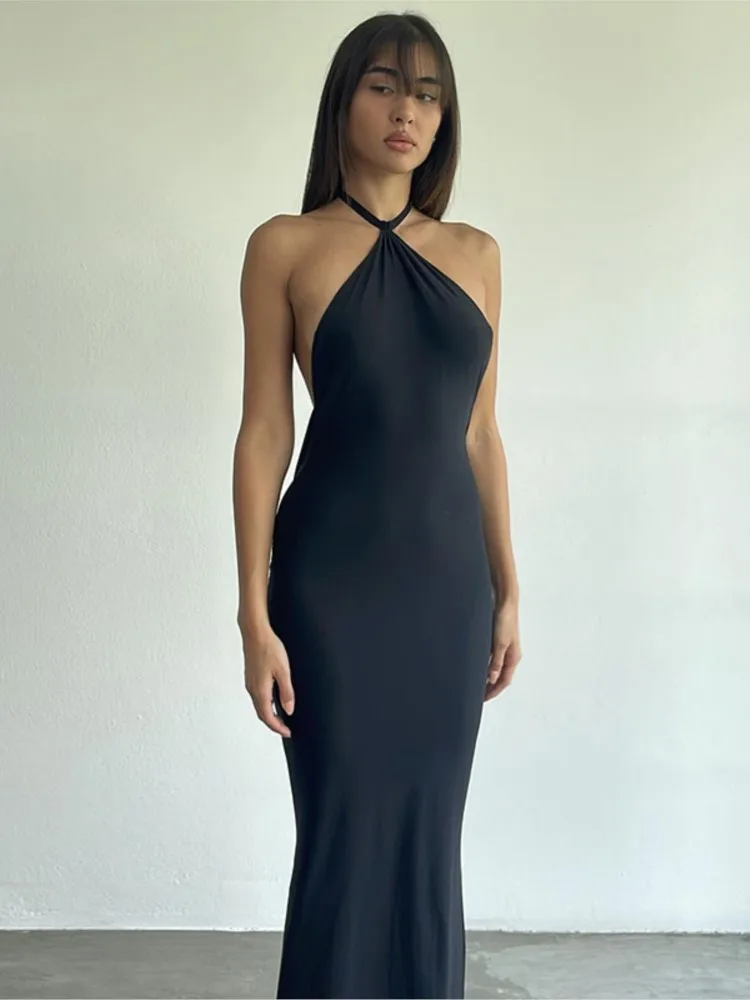 

Dresses 2025 Woman Sexy Backless Halter Neck Vestidos Solid Color Halter Neck Long Dress Trendy Simple Bodycon Off Shoulder