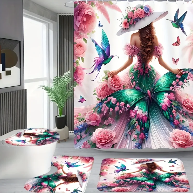 

4 шт., Цветочное платье и танцевальный узор бабочки, Ванная комната в квартире, Занавеска для душа в душевой комнате, Комплект занавесок для душа в отеле