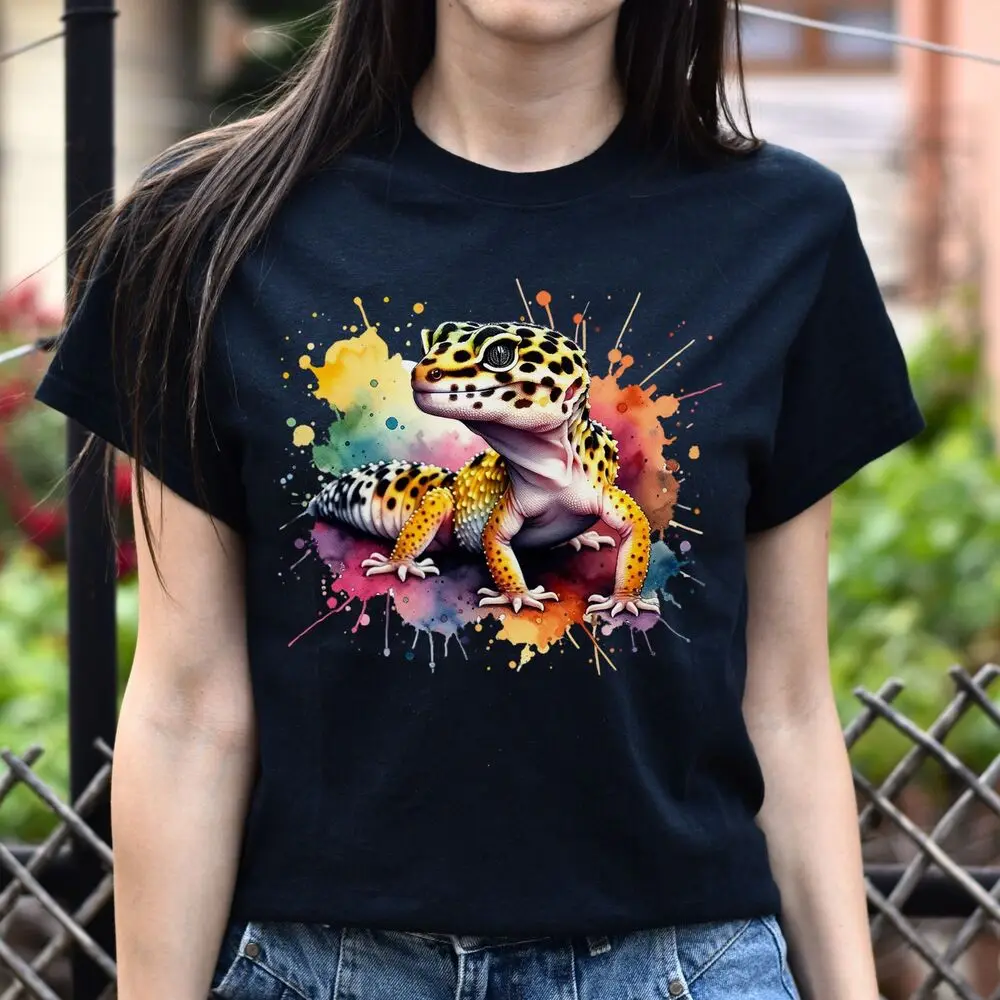 Leopard Gecko Color Splash Unisex T-Shirt Black Navy Dark Heather High Quality 100%Cotton Short Sleeve