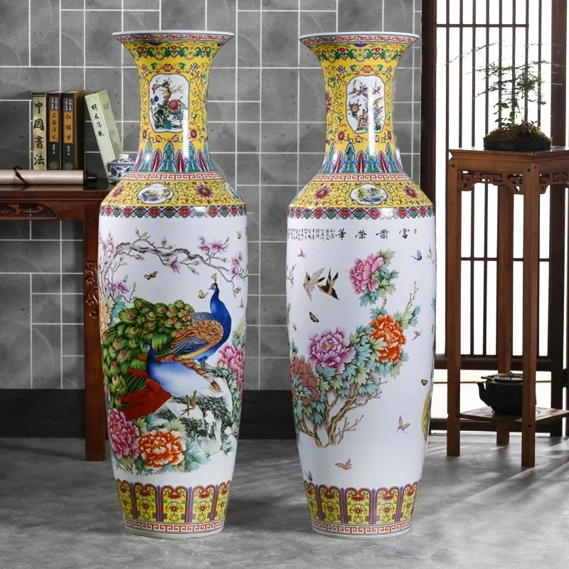 

Керамическая ваза Famille Rose с ручной росписью в виде павлина, большая напольная ваза для декора отелей, гостиных и дома