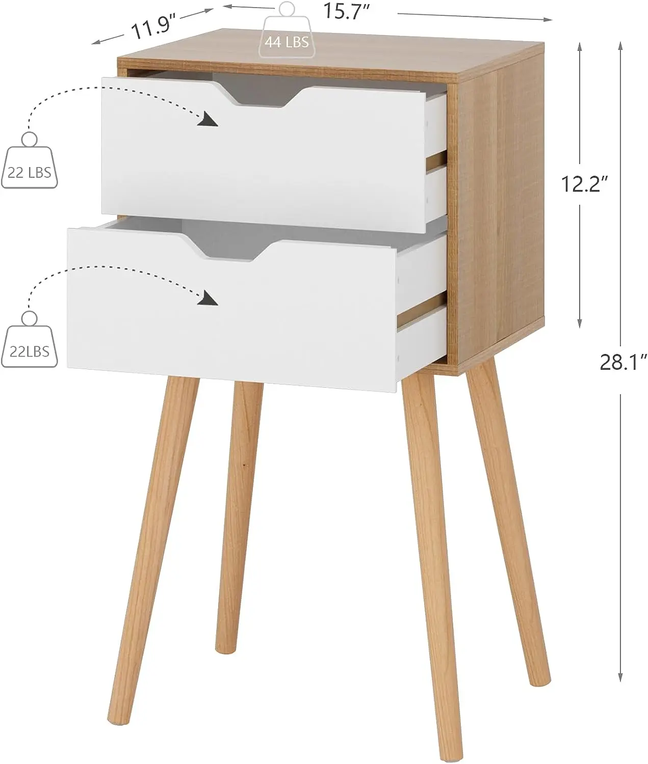 A set of 2 bedside tables with drawers, solid wood legs, and large storage space