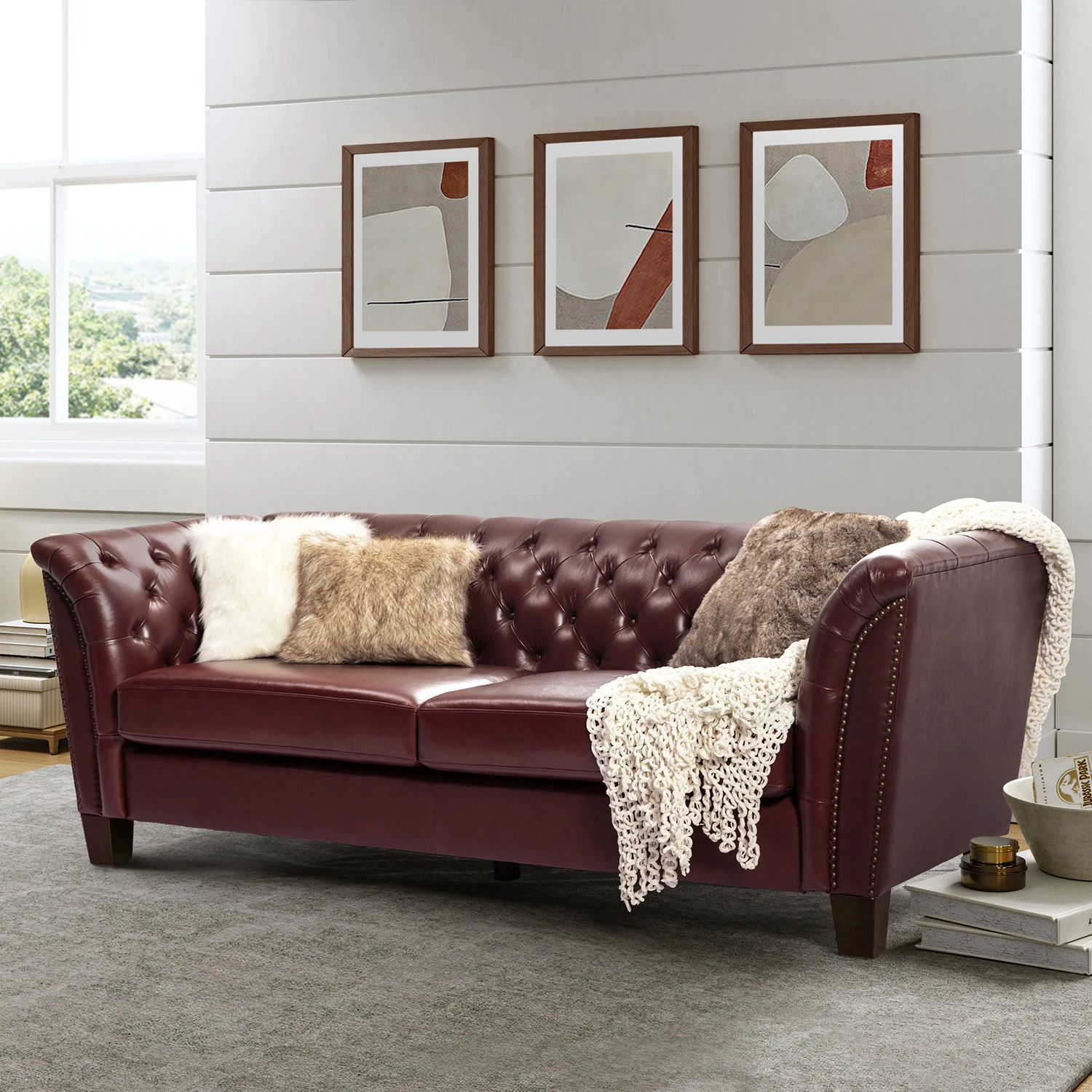 #3 Seat Couch Living Room Sofas Genuine Leather Chesterfield Sofa