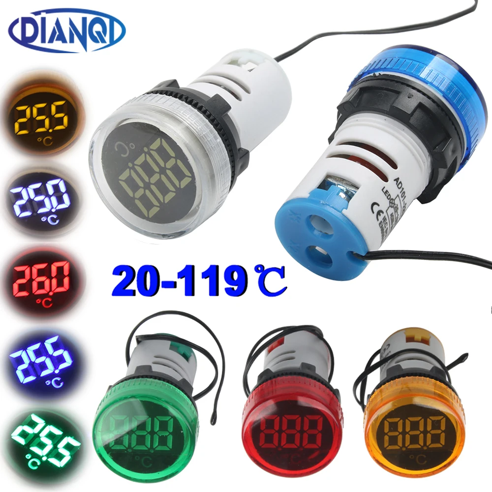 22MM Mini Surface Round LED digital thermometer 20-119 Celsius 50-380V AC Display Indicator Pilot light Temperature Meter