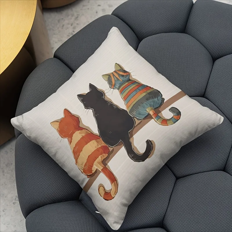 Cute Three Cats Throw Pillow Cover, Whimsical Back View Cat Art Decorative Pillow Case for Cat Lovers