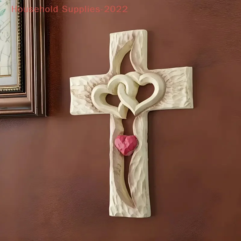 Carved Wooden Cross-Intertwined Hearts,Wall Hanging Hand Antique Design,Two Hearts Joined, Home Living Room Decor,Wall Art Gift