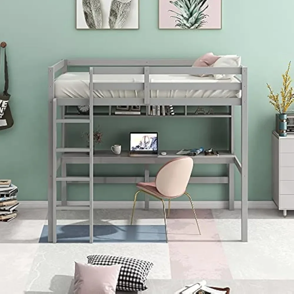 Lit Loft en bois gris pour enfants et adolescents, lit double avec bureau, étagère, adultes