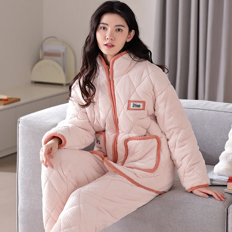 Newest women 3 layer clip cotton quilted pajamas ladies sleepwear casual home clothes