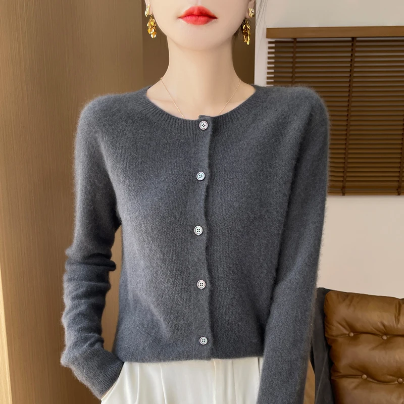 Spring Autumn New Cashmere Sweater 100% Merino Wool Knitted Cardigan Round Neck Long Sleeve Solid Color Coat Top Casual Fashion