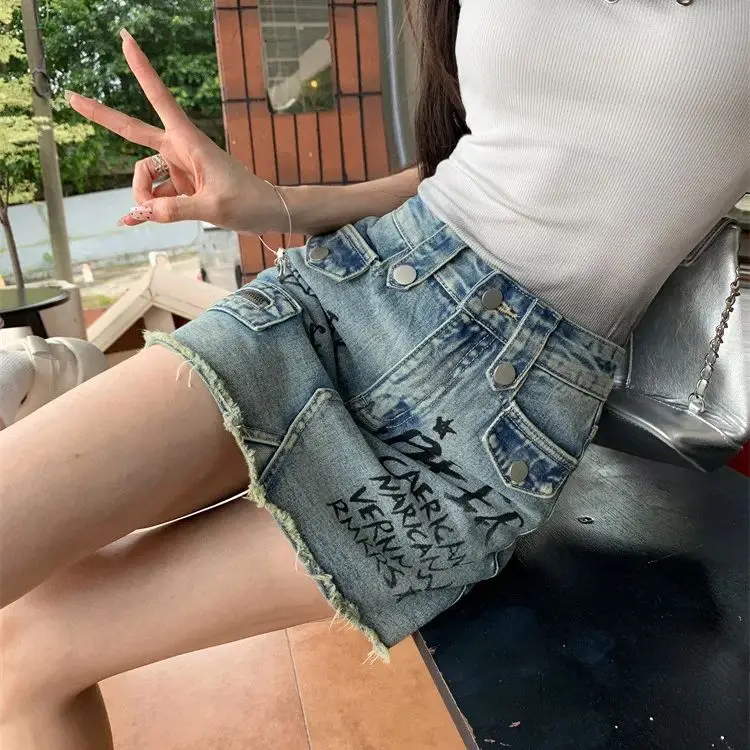 Blue high waist denim hip skirt graffiti design hot girl A-line skirt with lining High Waist Print Tattoo