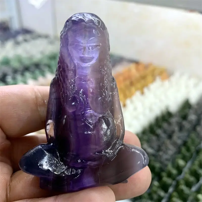 Figura de la Diosa Madre Tierra Gaia Tallada a Mano en Fluorita Púrpura, Cristal Curativo para Meditación, Decoración de Escritorio con Piedra Energética