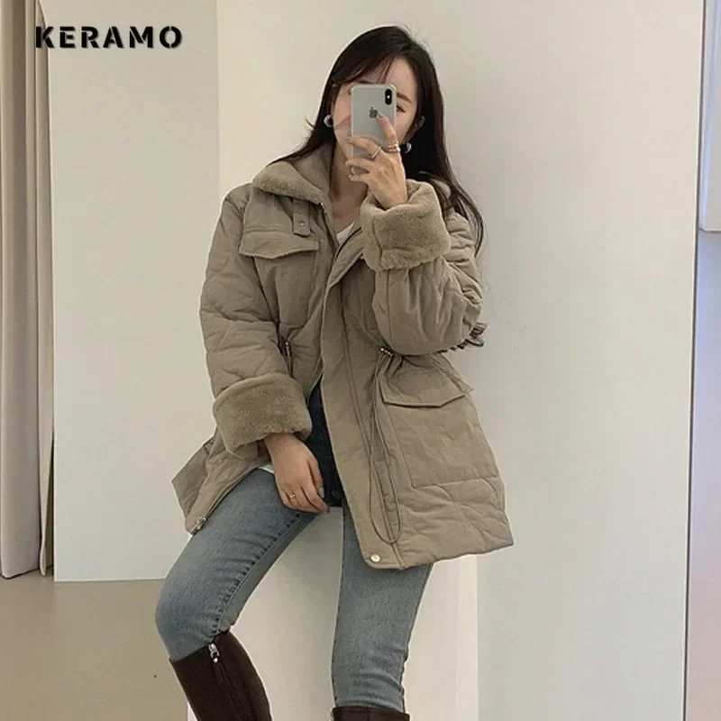 Women Casual Elegant Long Sleeve Single Breasted Parkas 2023 Winter Oversized Outerwear Jacket Fashion Warm Solid Color Coat