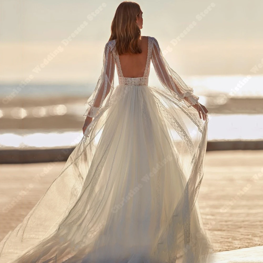 Hoogwaardige Tulle Dames Bruidjurken Sexy Kanten Lange Mouwen A-Lijn Dweilen Trouwjurken Formele Sweet Strandfeestkleding