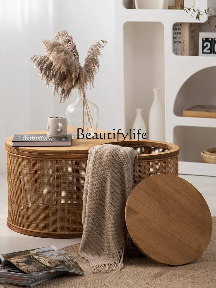 

S Chinese Cylindrical Solid Wood Rattan Tea Table Living Room Tatami Small Tea Table