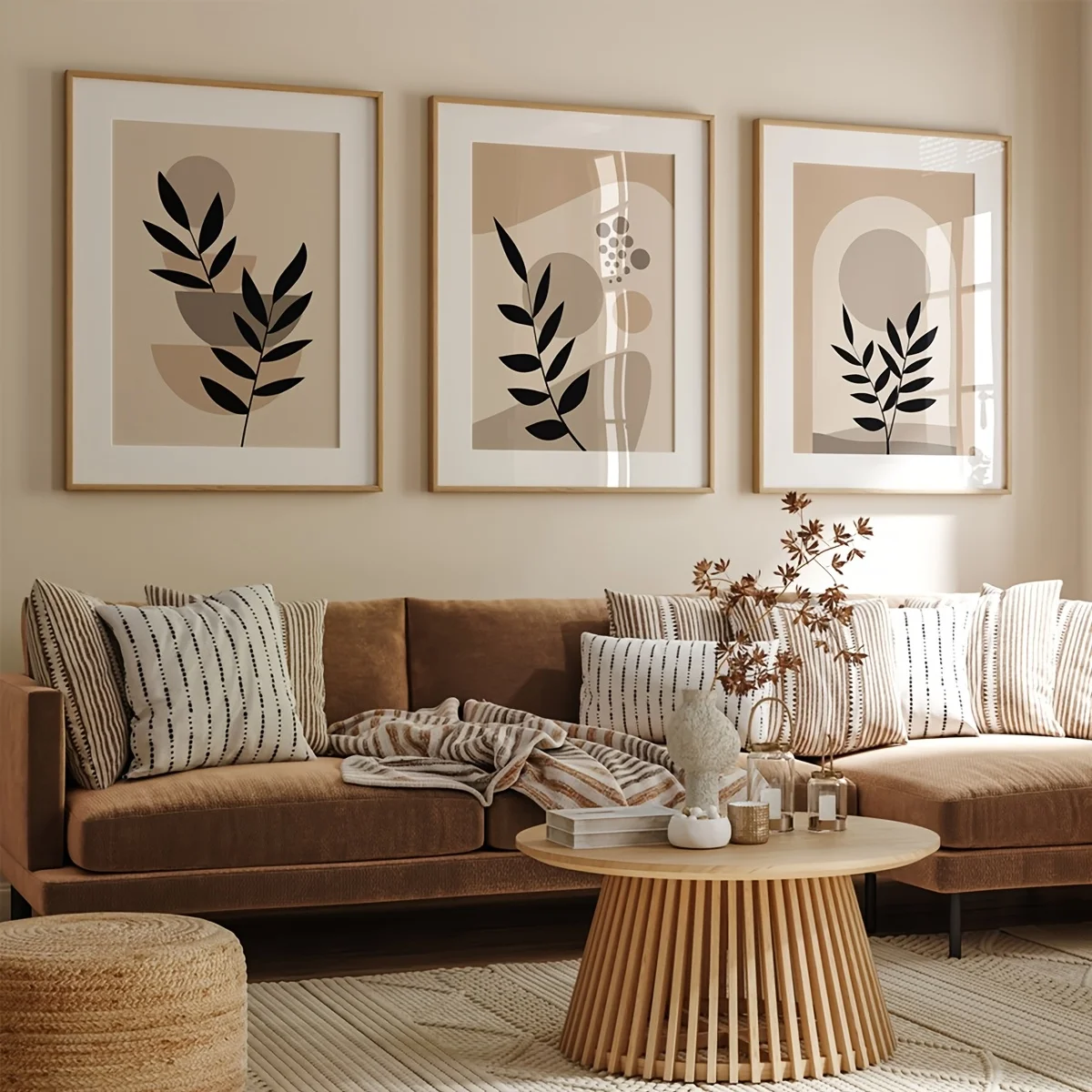 3 Frameless Bohemian Style Abstract Beige Prints Featuring Neutral Cream Earth Modern Minimalist Abstract Geometric Leaf Design